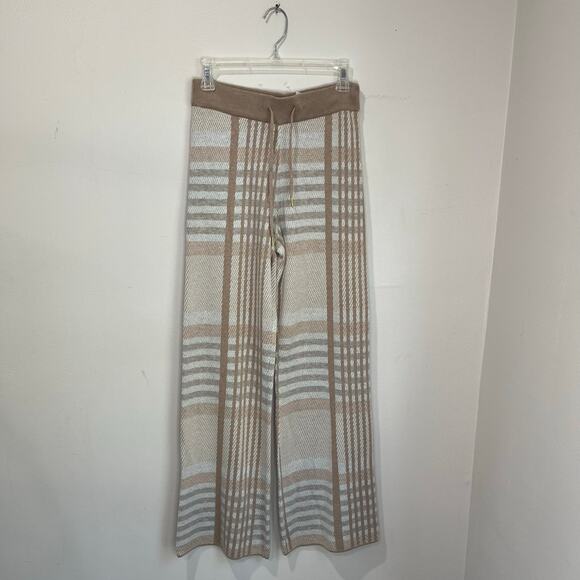 Elie Tahari XS Knit Lounge Pants Neutral Birdseye Plaid Wide Leg Soft Comfy Chic - Picture 2 of 11